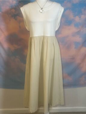 Feminine and Classic Maeve White Bodice/ Beige Midi Dress